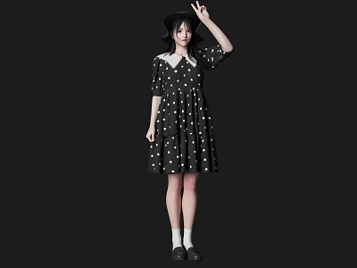 A Woman In Black Polka Dot Dress Black Hat White Socks And Black Shoes 3d model