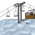 Outdoor Ski Lift Equipment With Hanging Chair Lifts And Mountain Station On Snowy Slope