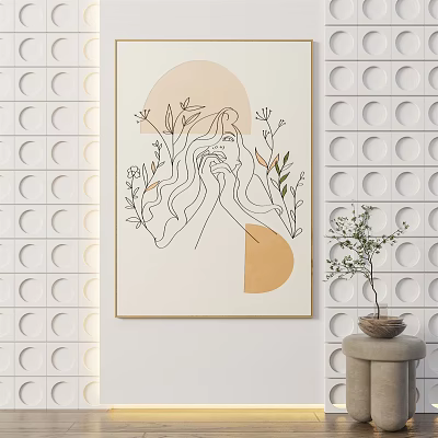 Minimalist Line Art Female Portrait With Flowing Hair And Floral Elements On Circular Pattern Wall 3d model