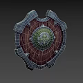 Intricate Decorative Wooden Shield With Metal Edges And Green Floral Emblem
