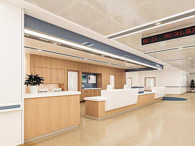 Hospital Outpatient Clinic Modern Reception Area With Bright Lighting White Wooden Counters And Green Plants 3d model