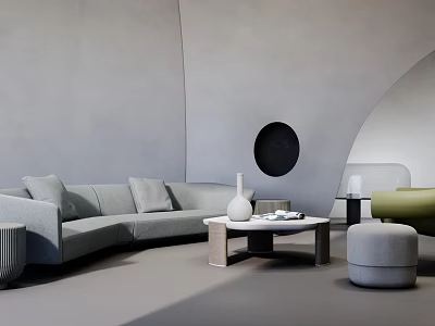 Modern Gray Sofa Coffee Table Set with Curved Walls Black Decor Green Chair White Vase 3d model