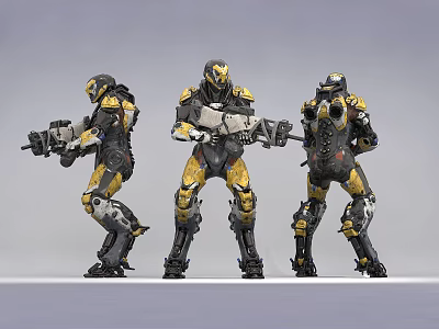 Intelligent Machines in Futuristic Mechanical Exoskeletons Holding Weapons in Combat Stance 3d model