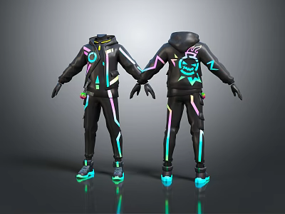 Black Hoodie and Pants Outfit with Neon Stripes and Back Design Front and Back Views 3d model