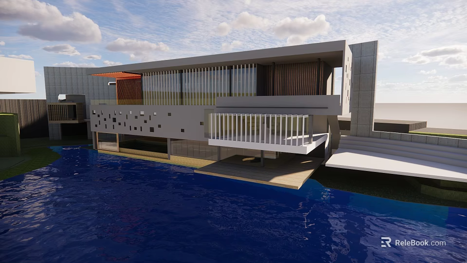 Sleek Modern Sales Office Building With Glass Curtain Wall And Open Balcony Overlooking Blue Water 3d model 