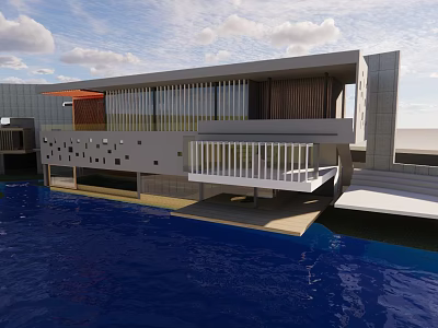 Sleek Modern Sales Office Building With Glass Curtain Wall And Open Balcony Overlooking Blue Water 3d model