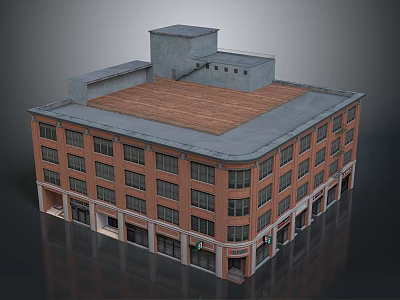 Red Brick Multi Story Commercial Building With Wooden Roof And Windows 3d model