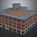 Red Brick Multi Story Commercial Building With Wooden Roof And Windows