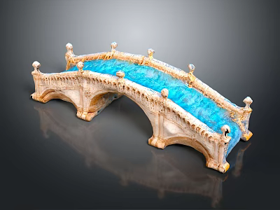 Stone Arch Bridge Model With Blue Water Flow And Decorative Pillars 3d model