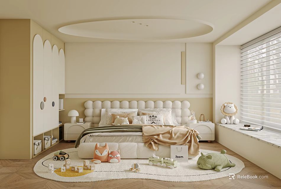 Kids Room With Beige Walls Rounded Ceiling Upholstered Headboard Stuffed Toys And Rug 3d model 