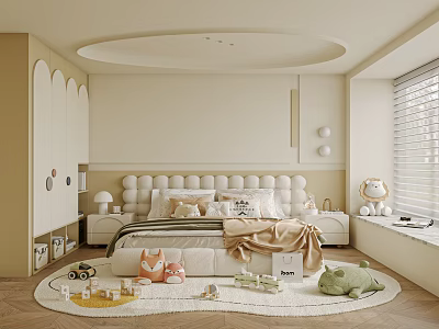 Kids Room With Beige Walls Rounded Ceiling Upholstered Headboard Stuffed Toys And Rug 3d model