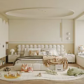 Kids Room With Beige Walls Rounded Ceiling Upholstered Headboard Stuffed Toys And Rug