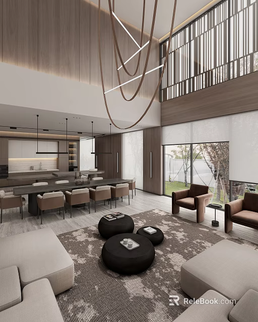 Modern Dining Living Room Interior Design With Open Layout Table Chairs Sofa Coffee Tables And Pendant Lights 3d model 