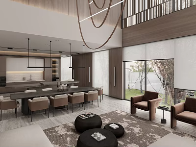 Modern Dining Living Room Interior Design With Open Layout Table Chairs Sofa Coffee Tables And Pendant Lights 3d model