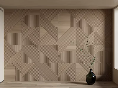 Modern Interior With Light Wood Geometric Pattern Wall Paneling And Decorative Vase 3d model