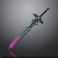 Fantasy Sword with Blue Pink Gradient Blade Black Hilt and Golden Accents