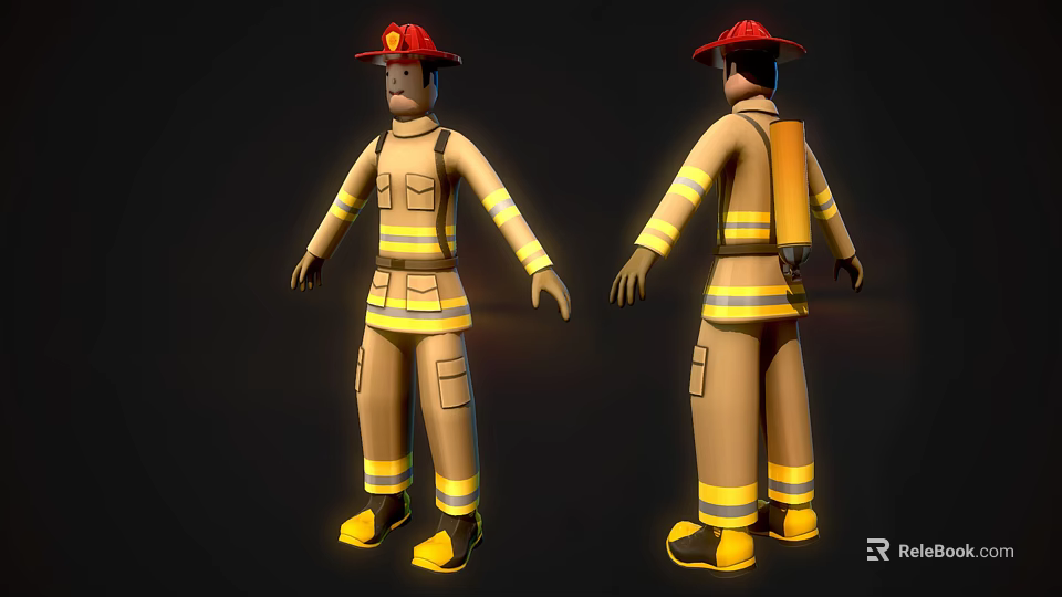 Firefighter 3D Model With Firefighting Uniform Red Helmet Yellow Backpack Front Back Views 3d model 