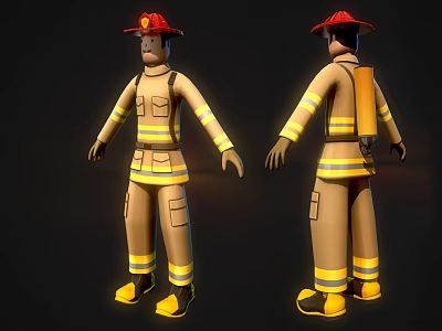 Firefighter 3D Model With Firefighting Uniform Red Helmet Yellow Backpack Front Back Views 3d model