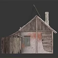 Rustic Wooden House With Metal Roof Chimney Small Windows And Wooden Porch