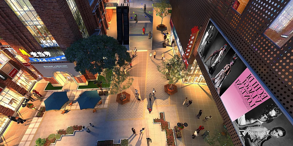 Bustling Commercial Street With Pedestrians Shops Greenery Outdoor Seating And Illuminated Storefronts 3d model 