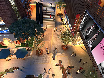 Bustling Commercial Street With Pedestrians Shops Greenery Outdoor Seating And Illuminated Storefronts 3d model