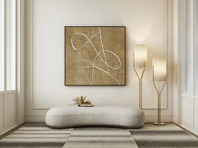 Abstract Wall Art In Modern Room With Bench And Lamps 3d model
