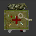 Wooden First Aid Kit With Red Cross Medicine Bottles Bandages And Tape