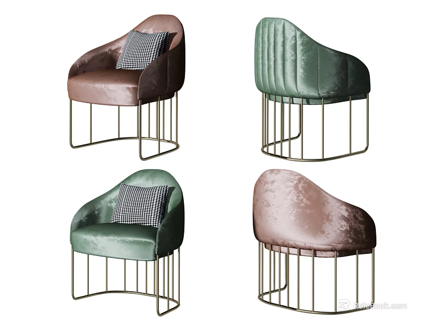 Luxurious Velvet Accent Chairs with Metal Frame and Plush Cushions in Pastel Tones 3d model 