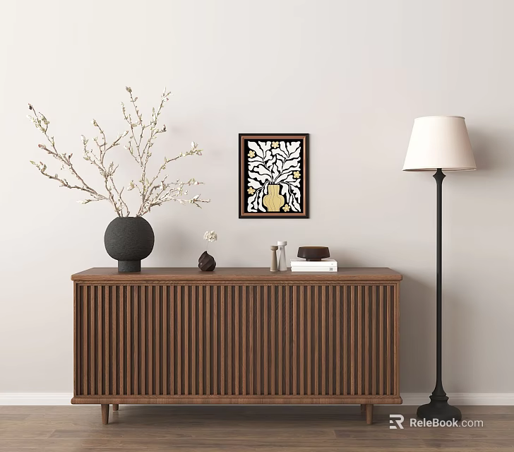Modern Brown Ribbed Console Sideboard with Vase Branches Books and Floor Lamp 3d model