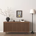 Modern Brown Ribbed Console Sideboard with Vase Branches Books and Floor Lamp 3d model