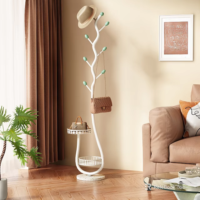 White Tree Shaped Coat Rack in Modern Living Room with Small Bag and Basket Decoration 3d model 