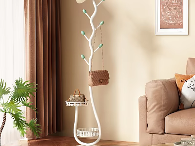 White Tree Shaped Coat Rack in Modern Living Room with Small Bag and Basket Decoration 3d model