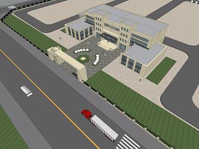 Modern Office Building Exterior With Landscaped Gardens And Main Entrance Plaza 3d model
