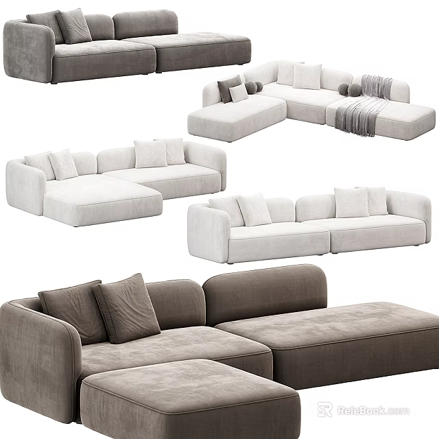 Modern Sofa Sets With Gray And White Upholstery And Various Cozy Cushion Designs 3d model 