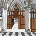 Ancient Gothic Architecture Interior With Arched Ceilings Stained Glass Windows Chandeliers And Wooden Benches Murals