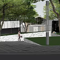Modern Sales Office Building With Outdoor Seating Green Lawn And Trees