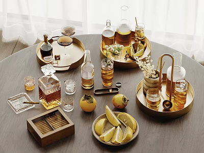 Wine Bottles And Glasses With Trays And Fruits On Table 3d model