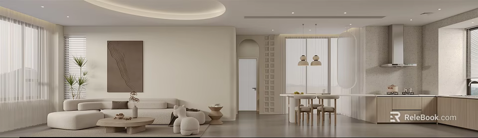 Modern Living Dining Room Interior With Beige Sofa Dining Table And Pendant Lights 3d model