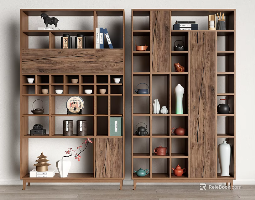 Wooden Bogu Shelves With Multiple Compartments Displaying Tea Sets Vases Books And Ornaments 3d model 