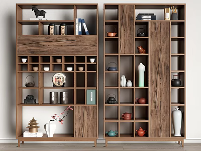 Wooden Bogu Shelves With Multiple Compartments Displaying Tea Sets Vases Books And Ornaments 3d model