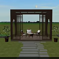 Outdoor Garden Canopy With Brown Frame Glass Roof And Green Plants