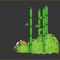 Cartoon Scene With Green Bamboo Stalks Leafy Bushes White Rabbit And Brown Raccoon On Grass