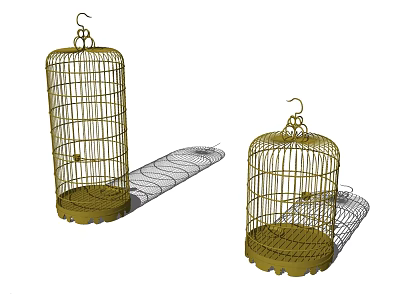 Yellow Metal Birdcage Decorative Ornament Set With Hanging Hooks And Circular Base 3d model
