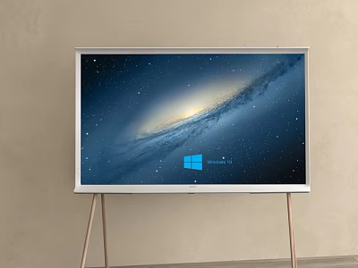 Modern TV Displaying Starry Galaxy With Windows Logo On Light Colored Wall Metal Stand 3d model