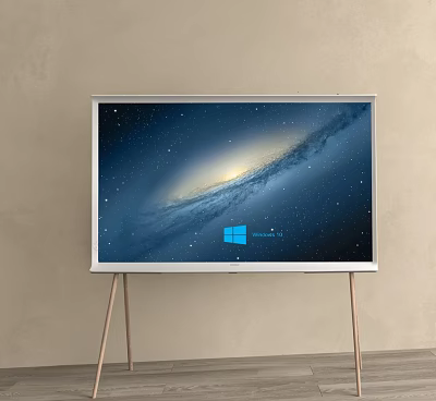 Modern TV Displaying Starry Galaxy With Windows Logo On Light Colored Wall Metal Stand 3d model
