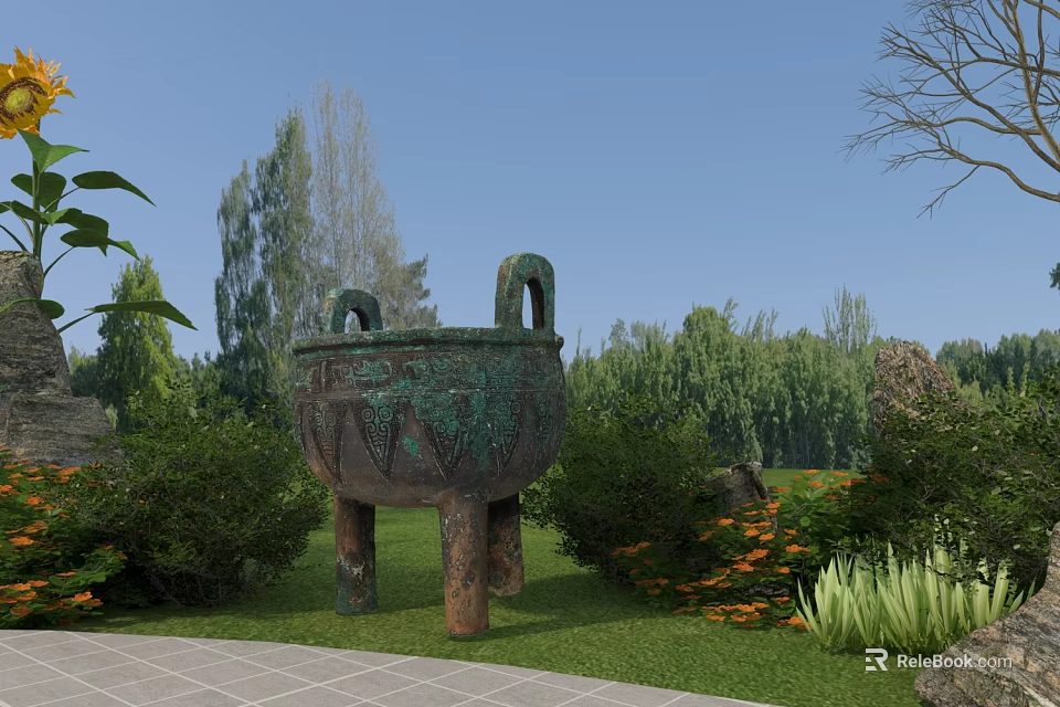 Large Three Legged Ceramic Vessel in Garden with Green Plants and Trees 3d model 