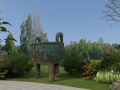 Large Three Legged Ceramic Vessel in Garden with Green Plants and Trees 3d model