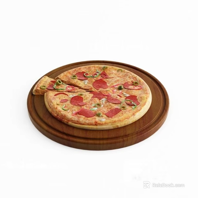 Delicious Pepperoni Pizza with Fresh Green Toppings on Wooden Tray and a Slice Missing 3d model 