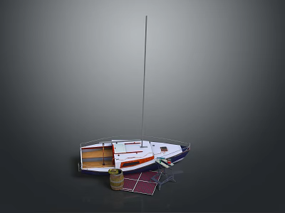 Small White And Blue Sailboat With Mast And Deck Items On Gray Background 3d model