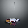Small White And Blue Sailboat With Mast And Deck Items On Gray Background